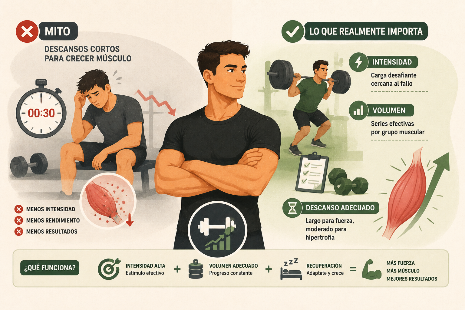 hombre con postura segura y brazos cruzados representa el enfoque basado en evidencia para el desarrollo muscular. A la izquierda, una sección marcada como mito muestra a una persona cansada sentada en un banco de gimnasio junto a un cronómetro